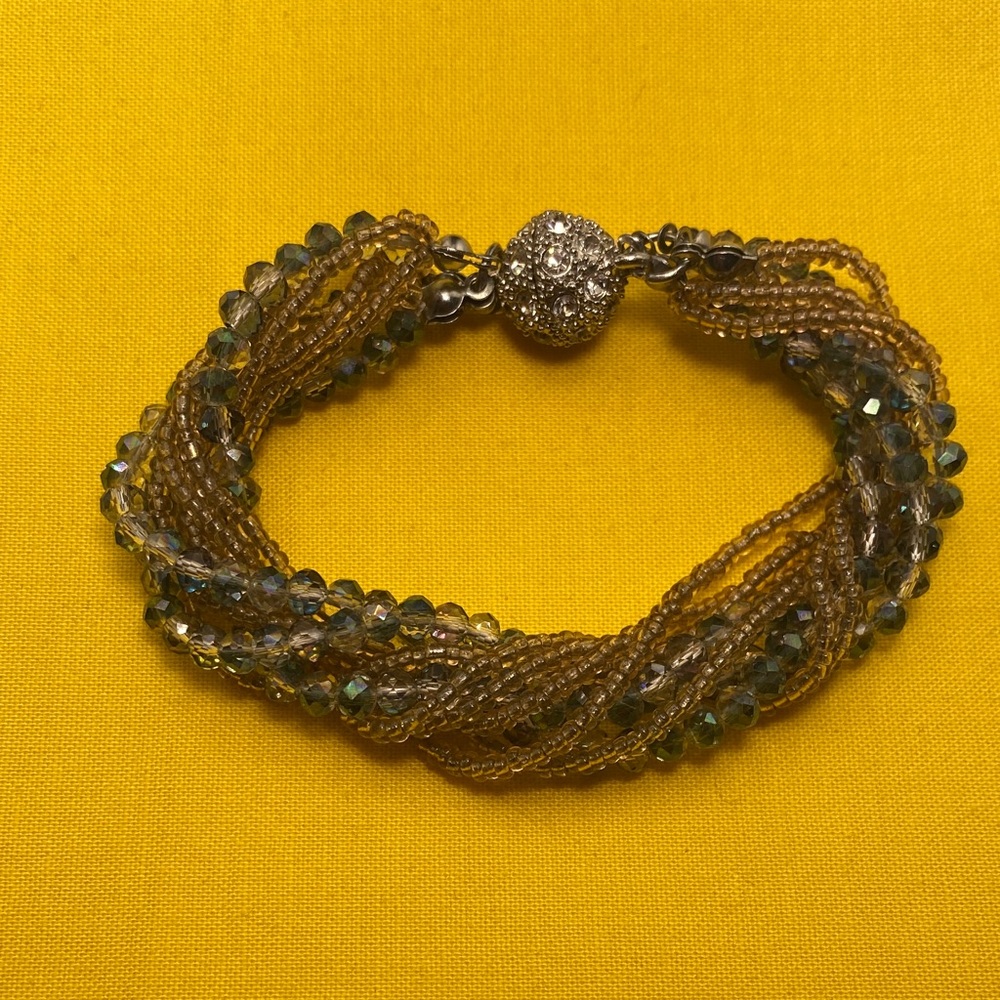 Elegant Multi Strand Beaded Bracelet with Rhinestone-Encrusted Magnetic Clasp
